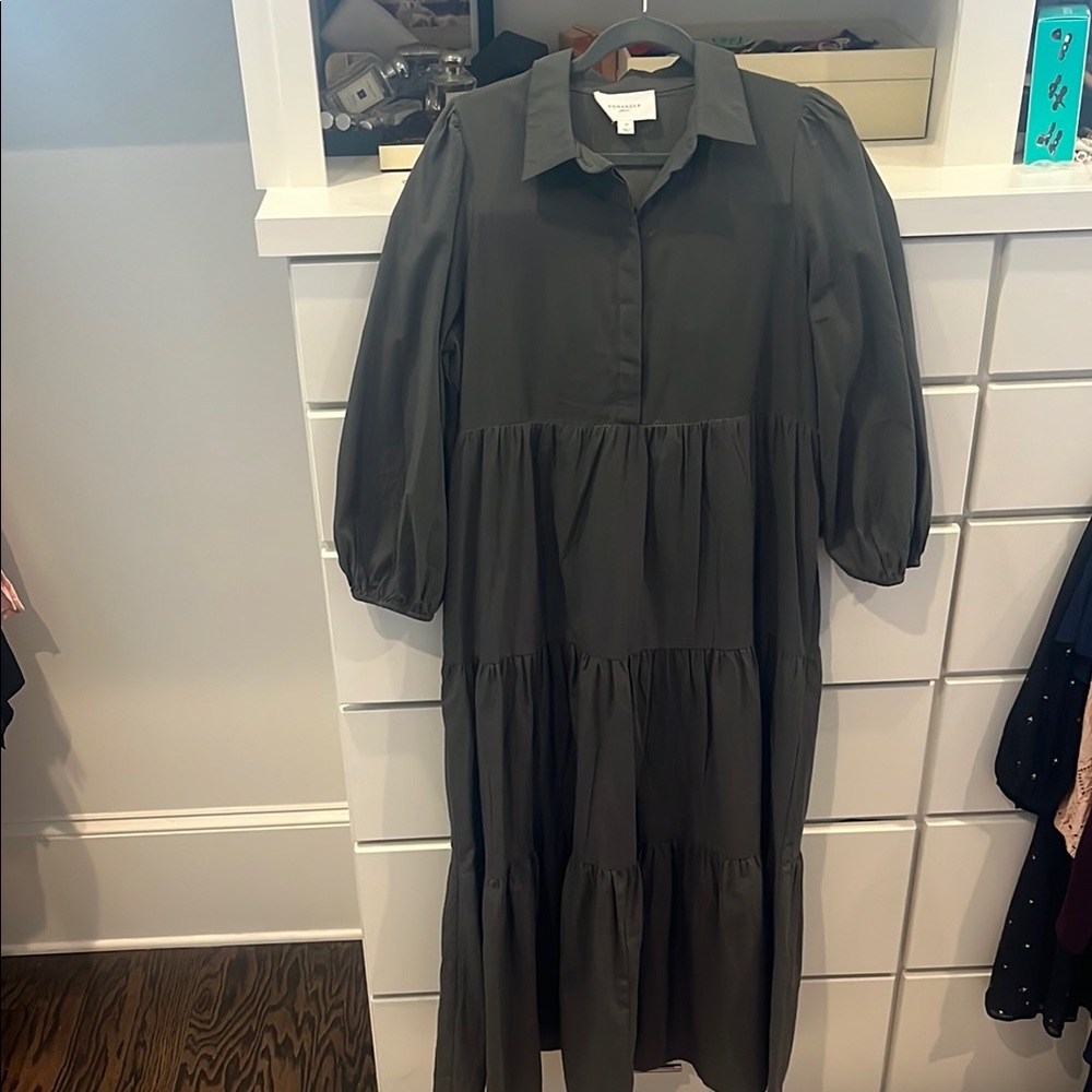 Pomander Place Long Sleeve Tiered Maxi Dress in Dark Green